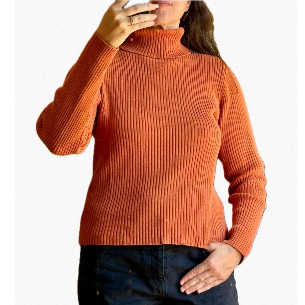 Q&A Vtg 100% Cotton Ribbed Turtleneck Sweater L Burnt Orange Rust Knit Top UK